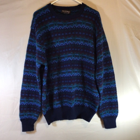 Vintage Reed St. James XXL Sweater Blue Geometric Fair Isle Knit Retro Winter - Picture 1 of 7